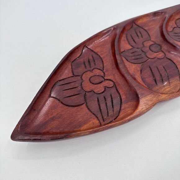 Hard Carved Monkeypod Freeform Wood Tray Leaf Shape Haiti Island 3 Sections - Picture 4 of 7